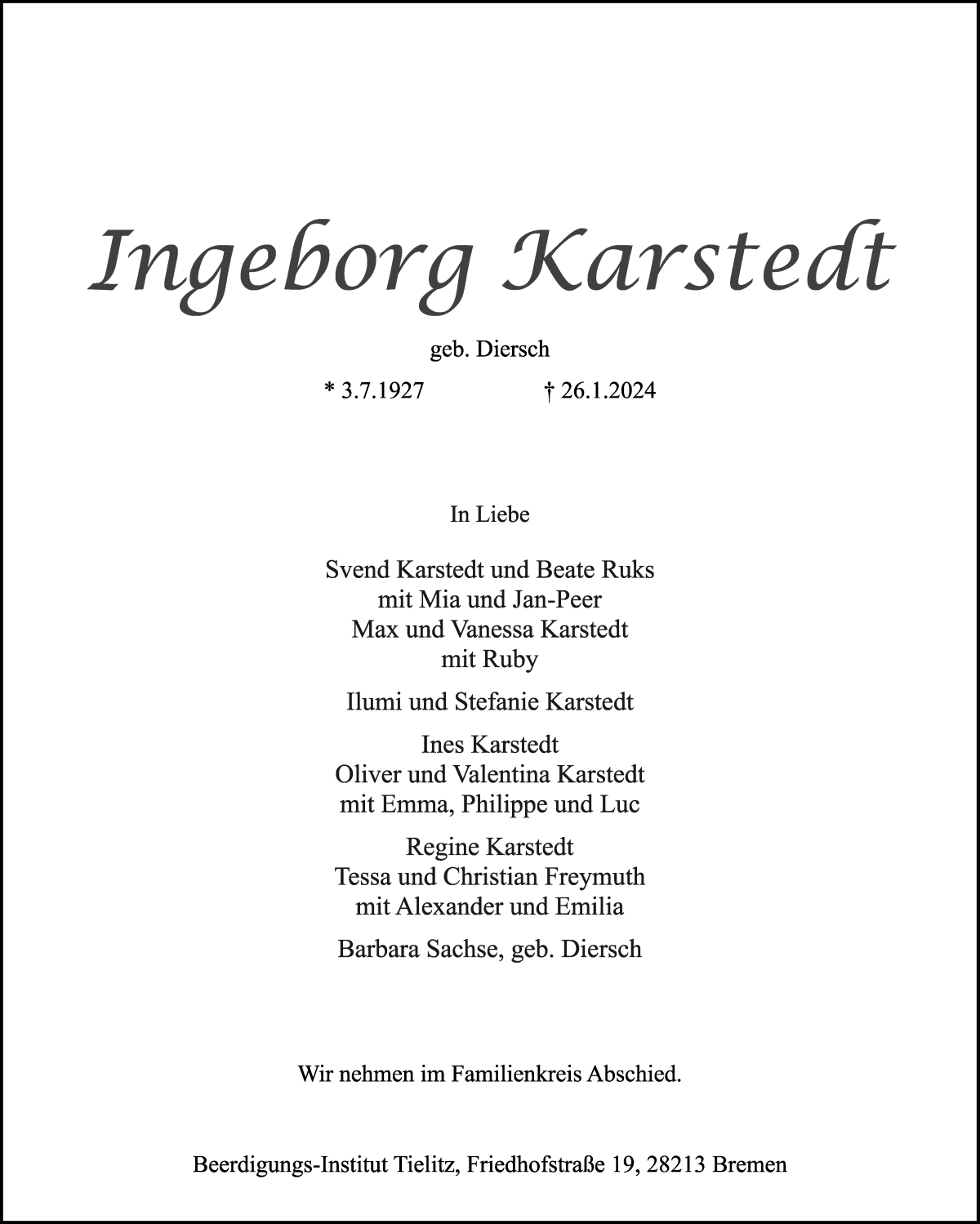 Traueranzeige von Ingeborg Karstedt  von WESER-KURIER
