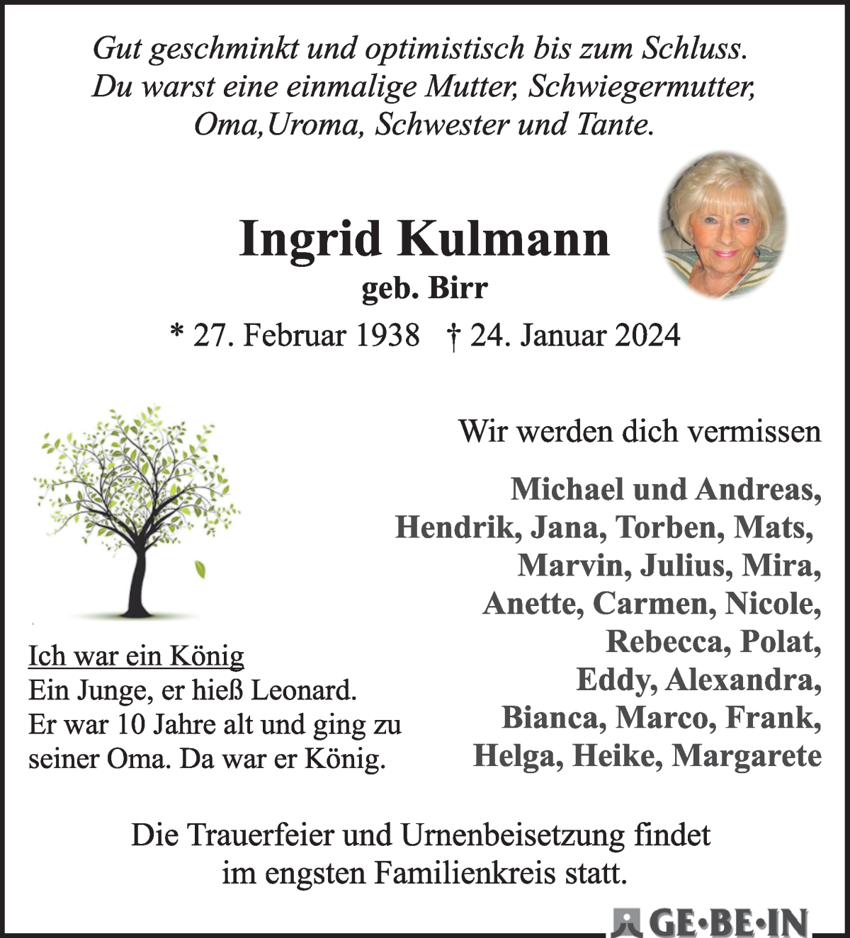 Traueranzeige für Ingrid Kulmann vom 03.02.2024 aus WESER-KURIER