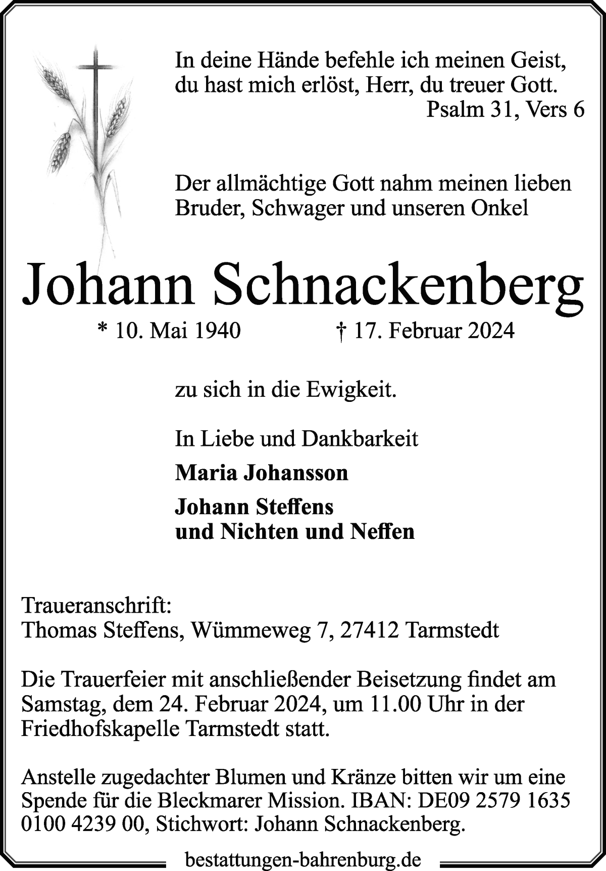 Traueranzeige von Johann Schnackenberg von Wuemme Zeitung