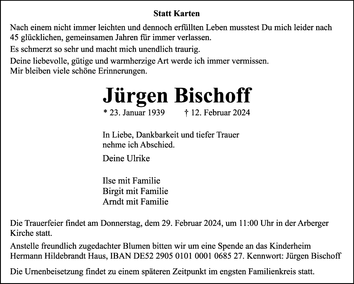 Traueranzeige von Jürgen Bischoff von WESER-KURIER