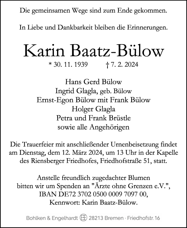 Traueranzeige von Karin Baatz-Bülow von WESER-KURIER
