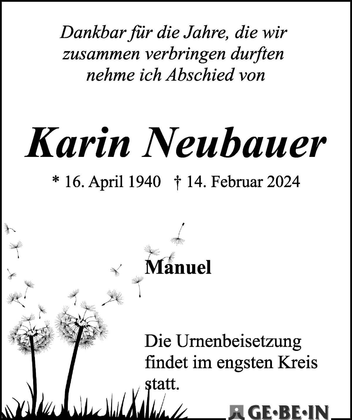 Traueranzeige von Karin Neubauer von WESER-KURIER