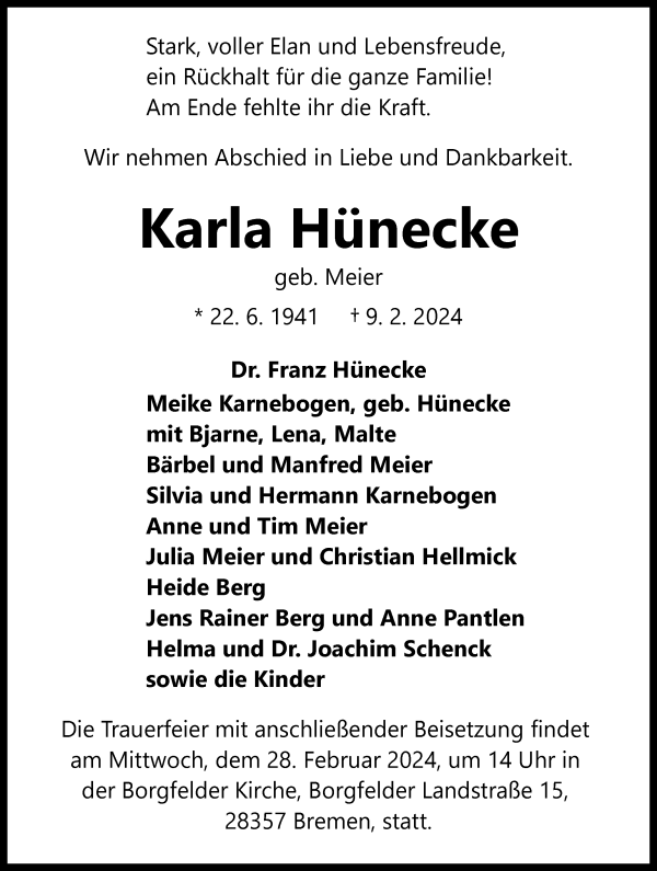 Traueranzeige von Karla Hünecke von WESER-KURIER