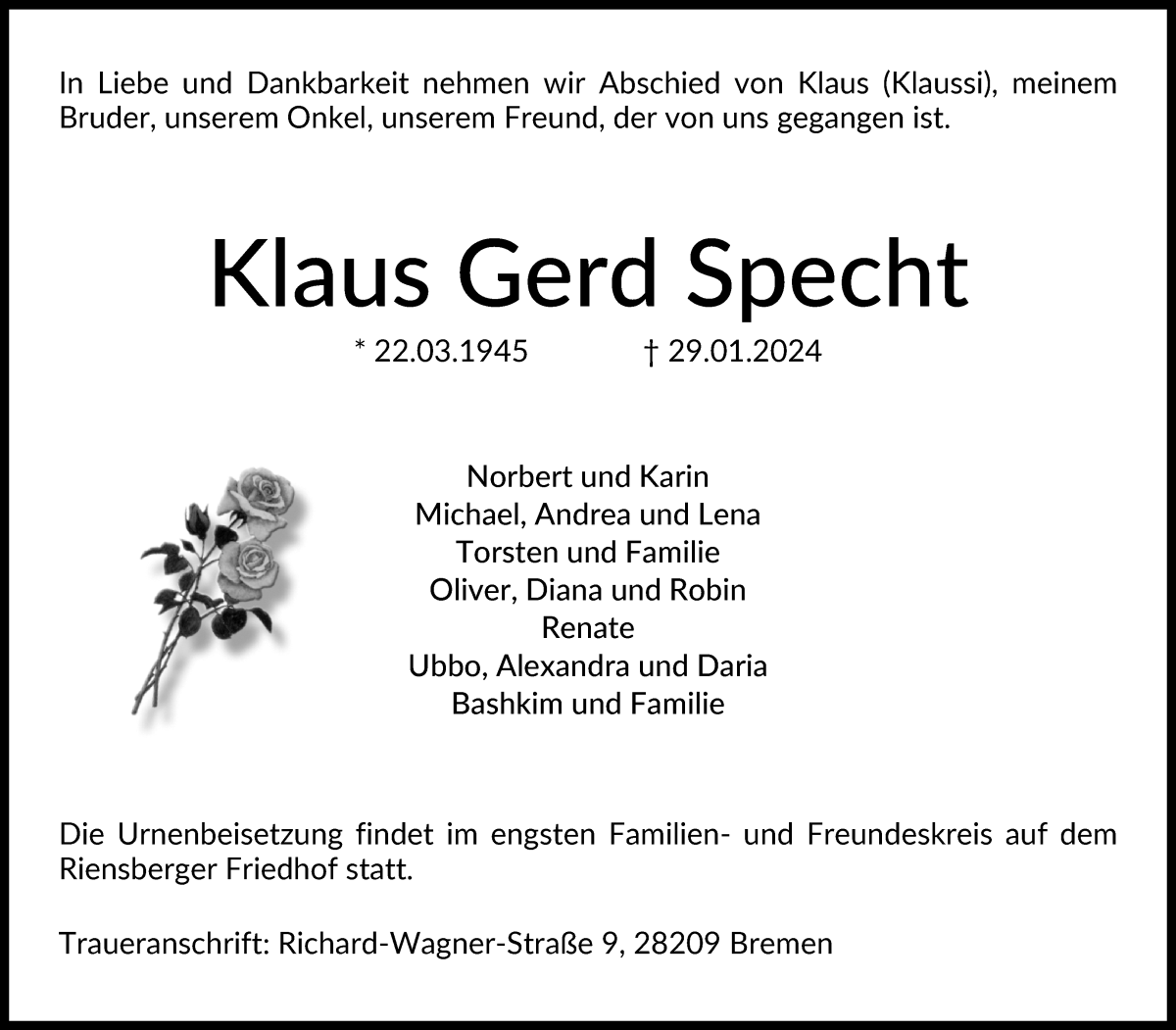  Traueranzeige für Klaus Gerd Specht vom 10.02.2024 aus WESER-KURIER