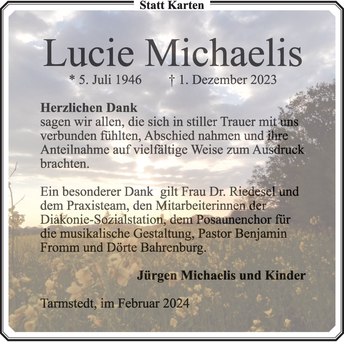 Traueranzeige von Lucie Michaelis von Wuemme Zeitung