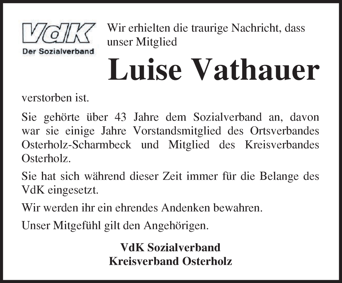 Traueranzeige von Luise Vathauer von Osterholzer Kreisblatt
