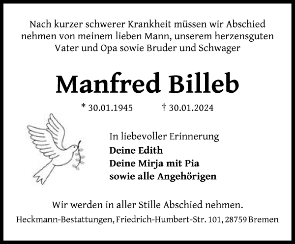 Traueranzeige von Manfred Billeb von Die Norddeutsche