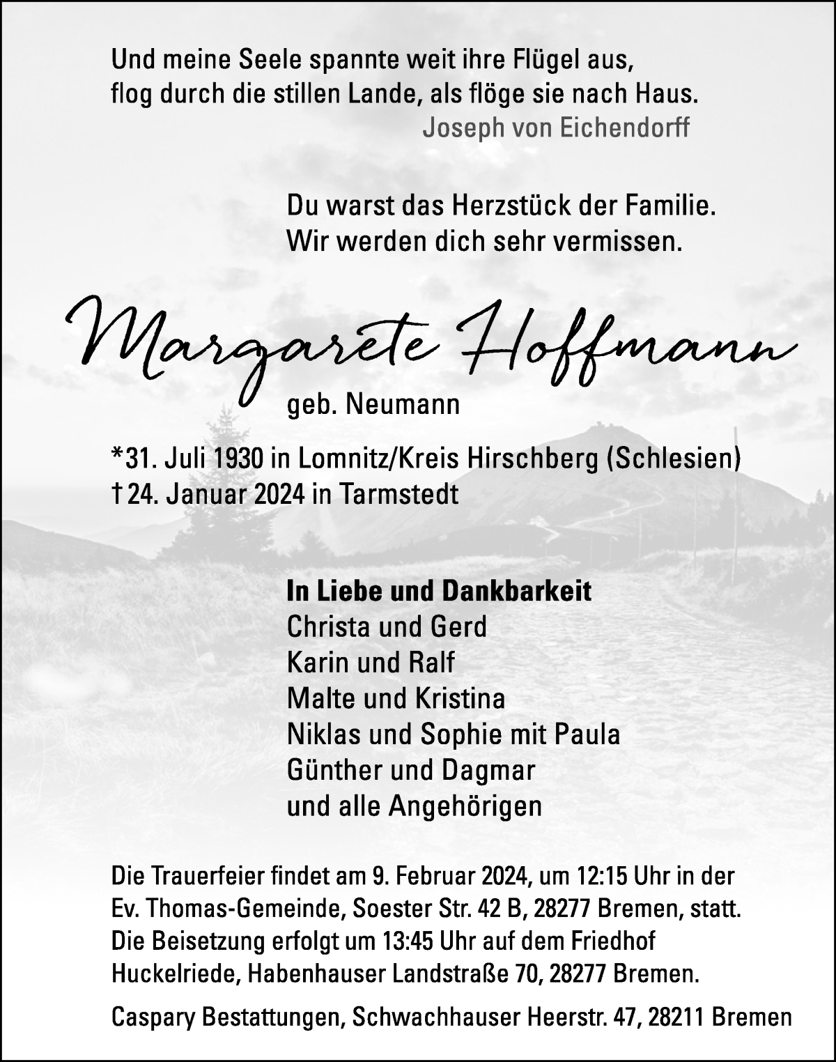 Traueranzeige von Margarete Hoffmann von WESER-KURIER