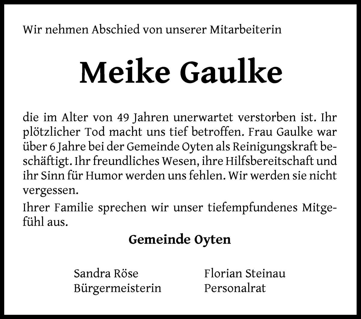 Traueranzeige von Meike Gaulke von Achimer Kurier/Verdener Nachrichten