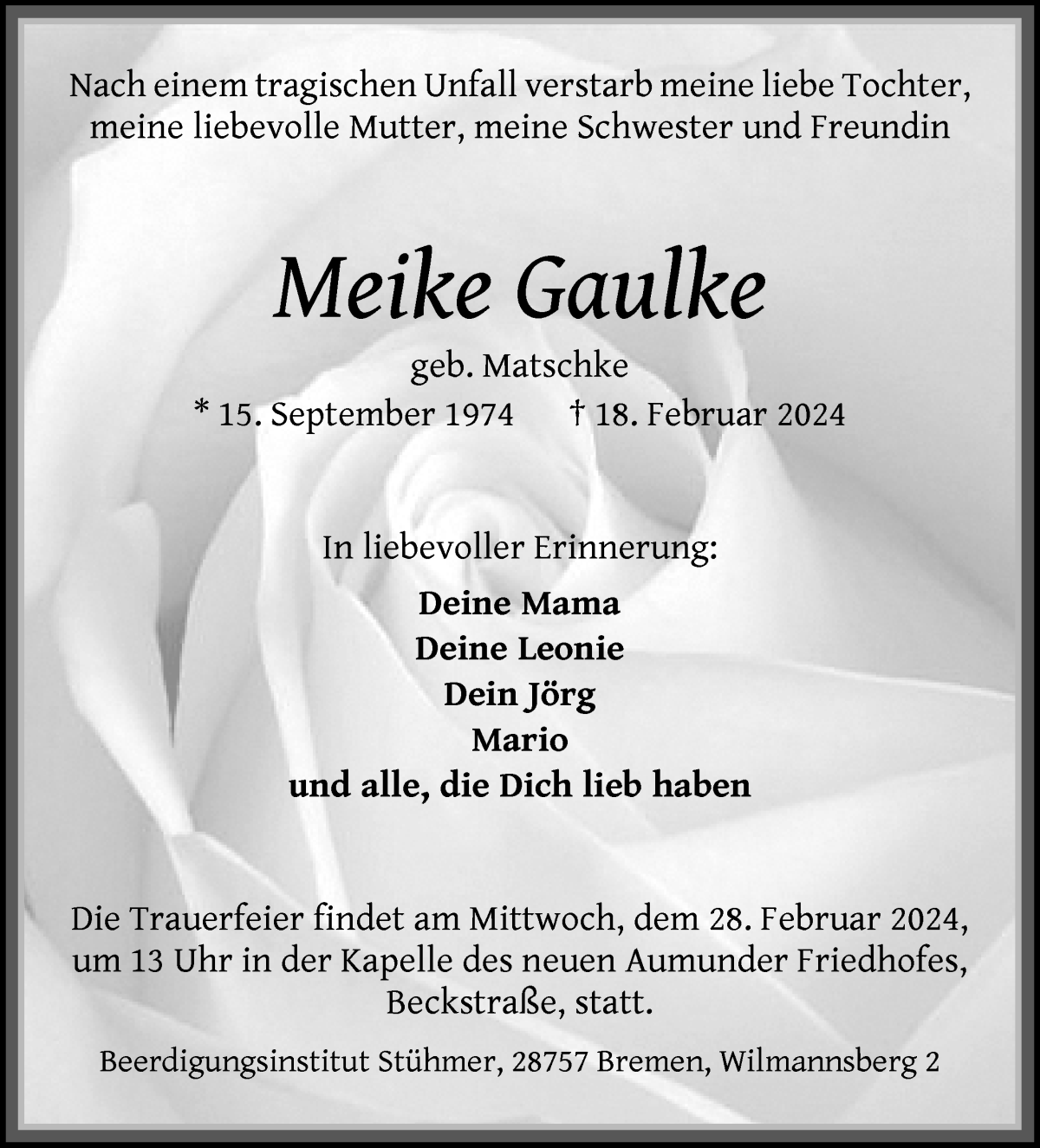 Traueranzeige von Meike Gaulke von Die Norddeutsche