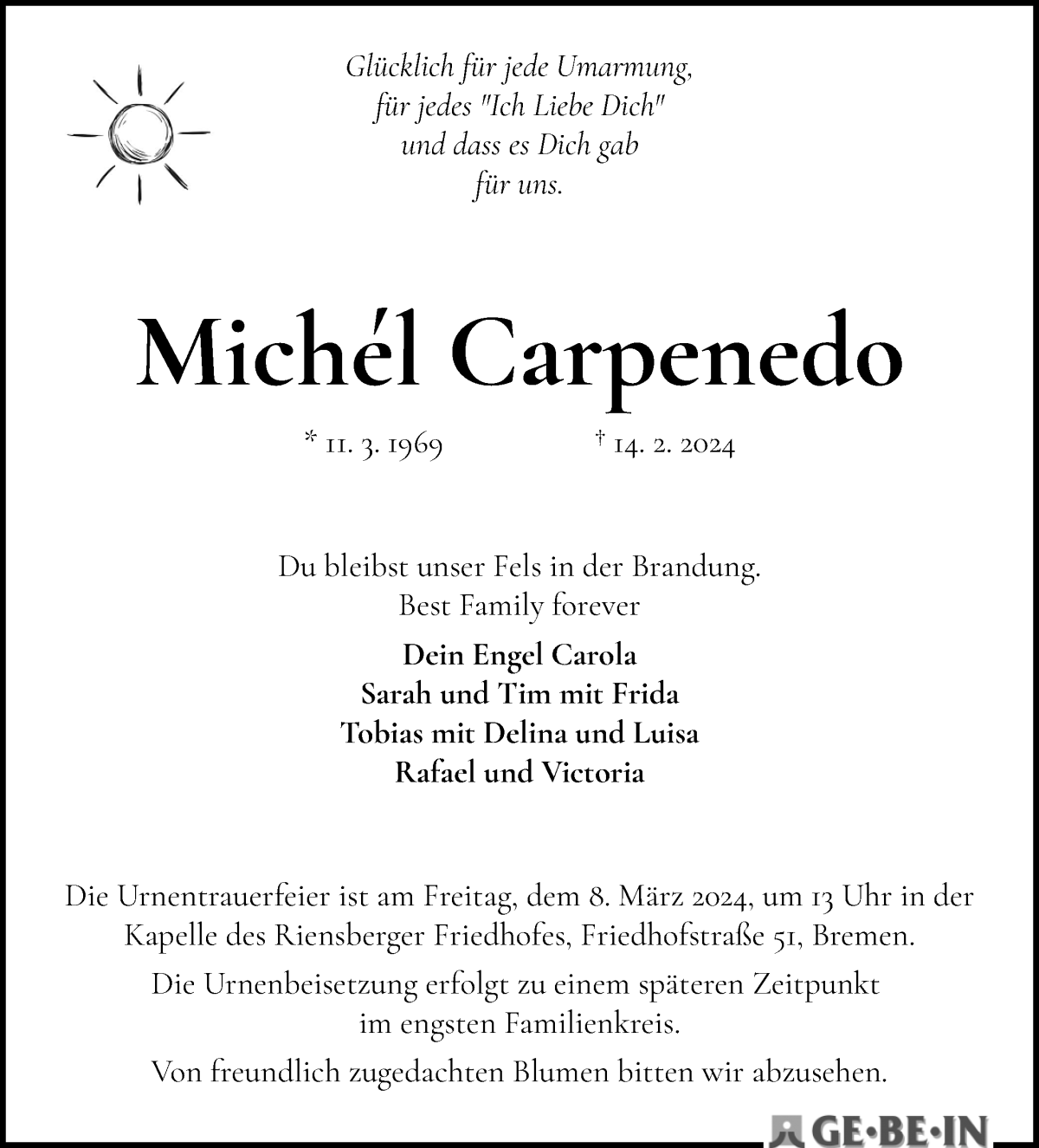  Traueranzeige für Michél Carpenedo vom 17.02.2024 aus WESER-KURIER