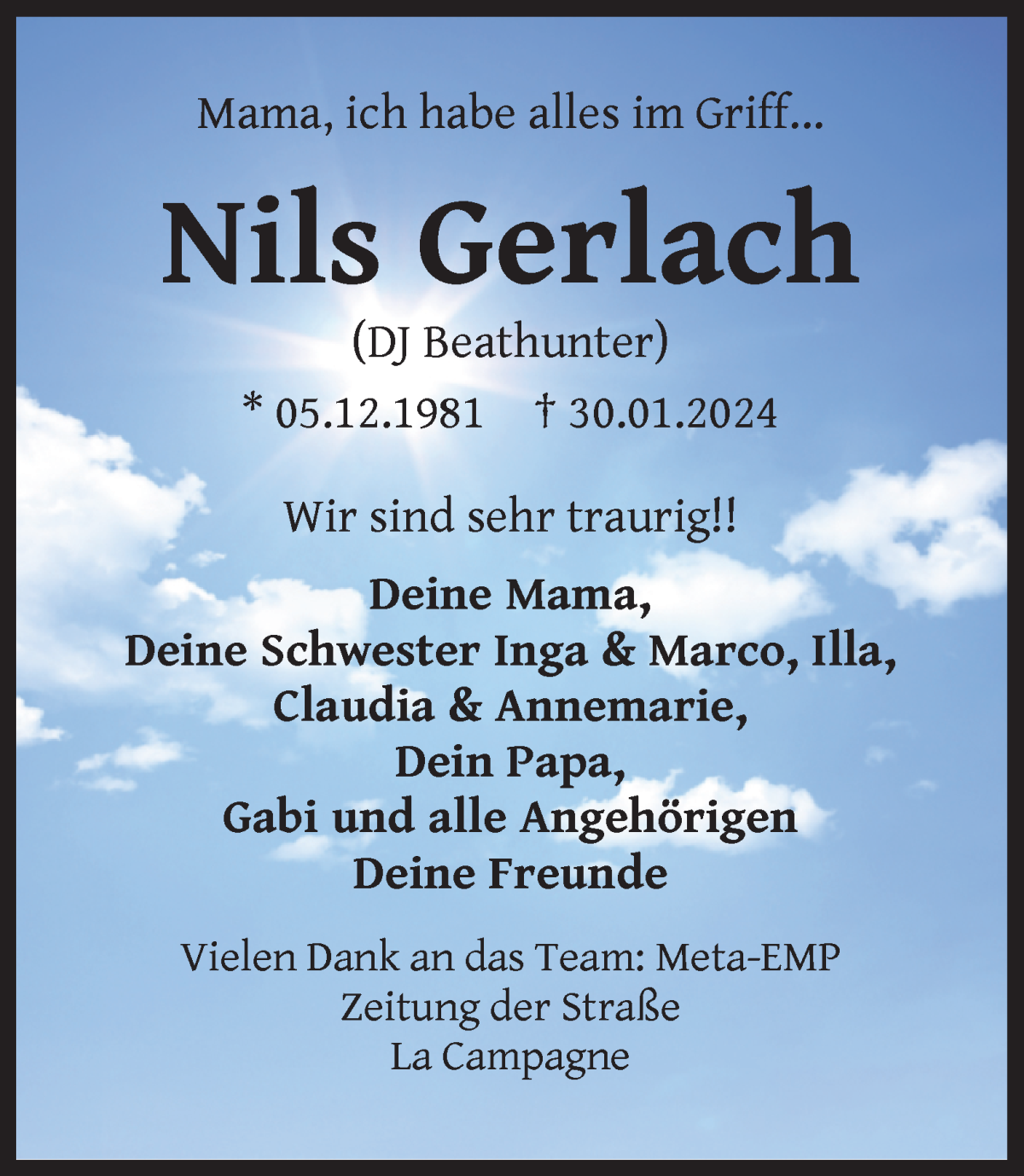  Traueranzeige für Nils Gerlach vom 10.02.2024 aus WESER-KURIER