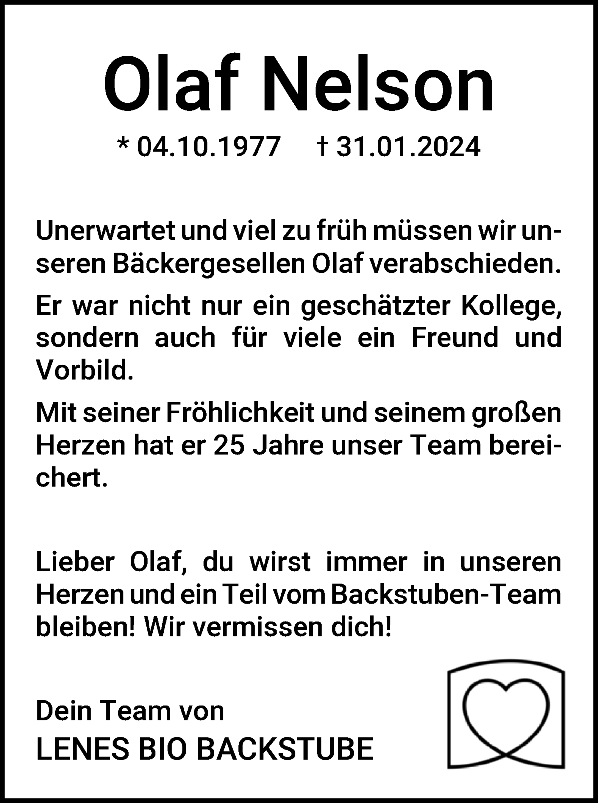  Traueranzeige für Olaf Nelson vom 06.02.2024 aus Die Norddeutsche