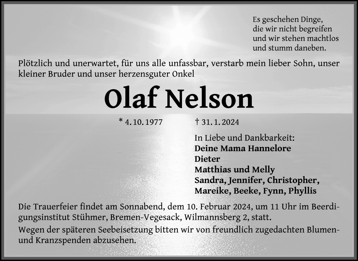  Traueranzeige für Olaf Nelson vom 03.02.2024 aus Die Norddeutsche