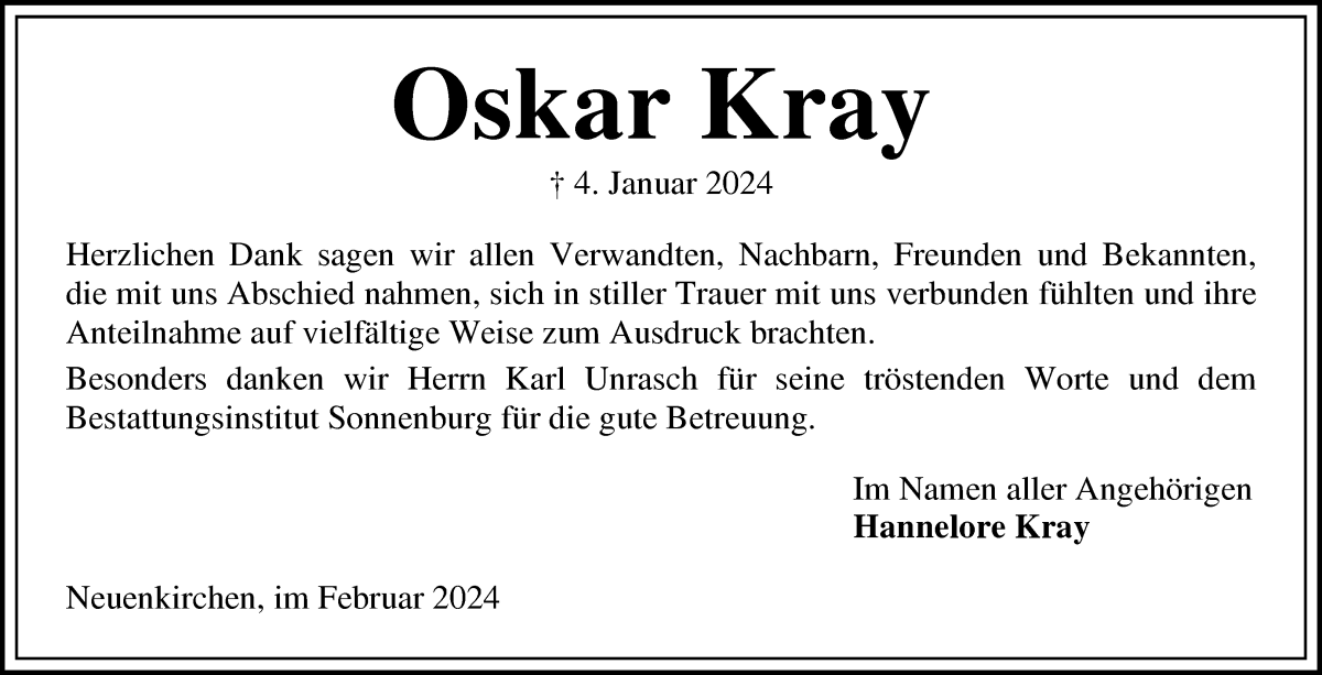 Traueranzeige von Oskar Kray von Die Norddeutsche