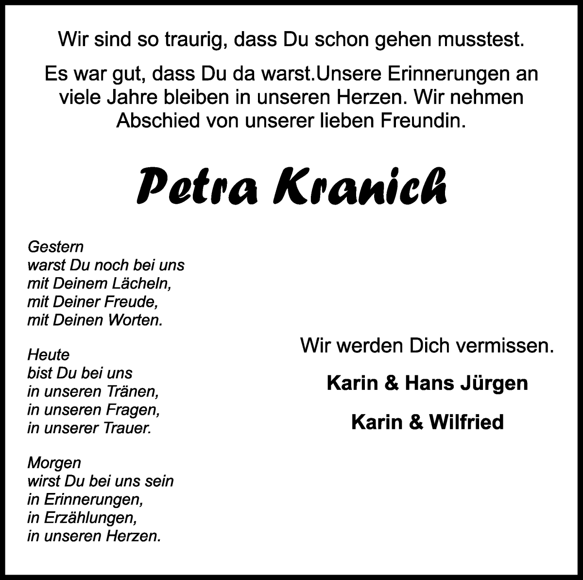 Traueranzeige von Petra Kranich  von Osterholzer Kreisblatt