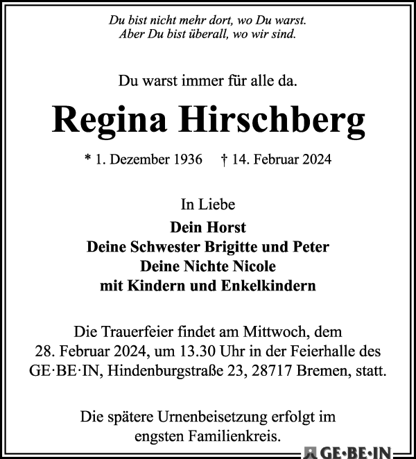 Traueranzeige von Regina Hirschberg von WESER-KURIER