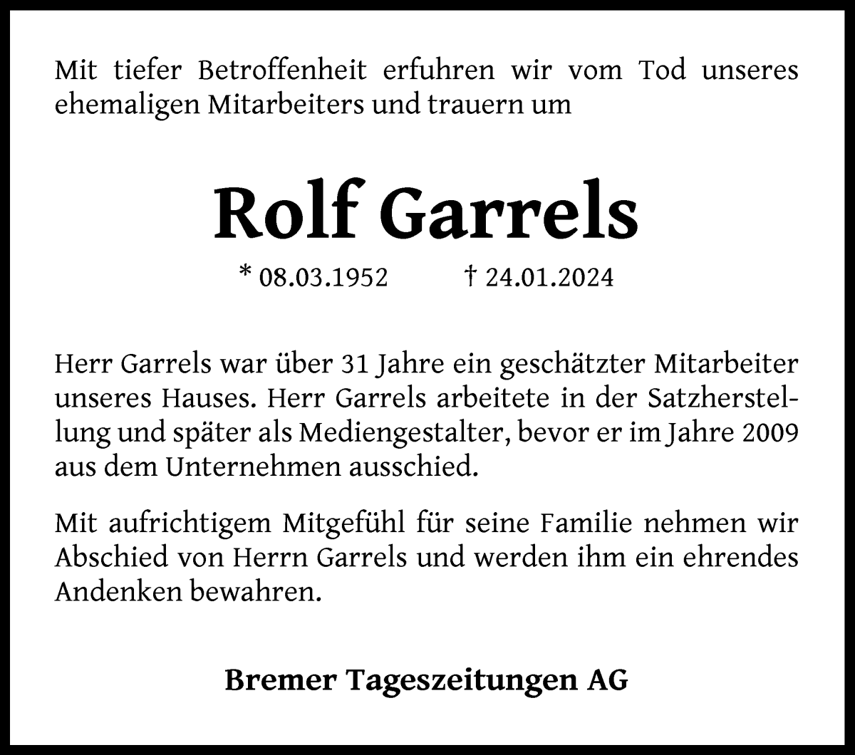 Traueranzeige von Rolf Garrels von WESER-KURIER