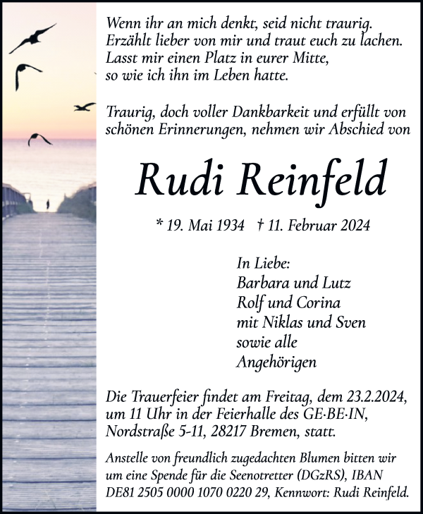 Traueranzeige von Rudi Reinfeld von WESER-KURIER