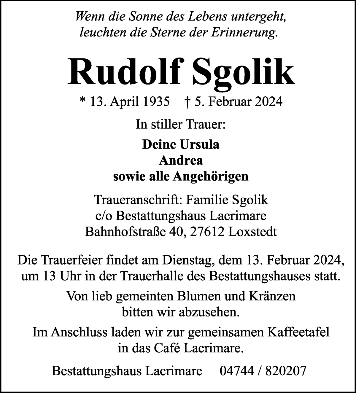 Traueranzeige von Rudolf Sgolik von WESER-KURIER