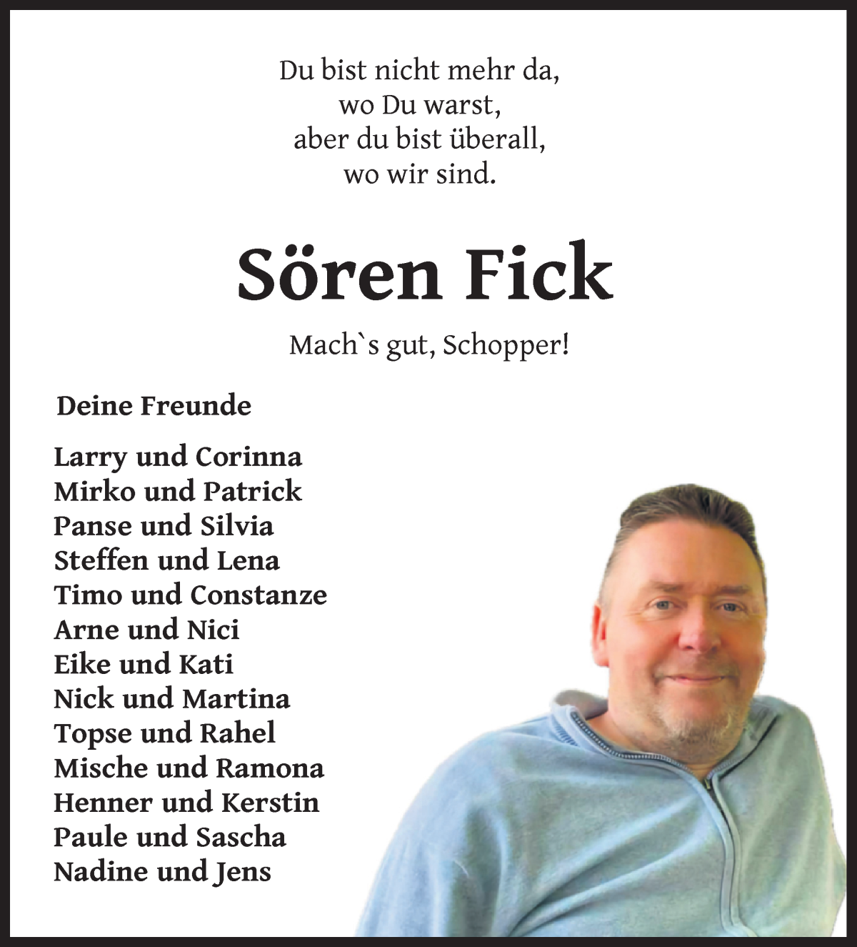  Traueranzeige für Sören Fick vom 03.02.2024 aus Wuemme Zeitung