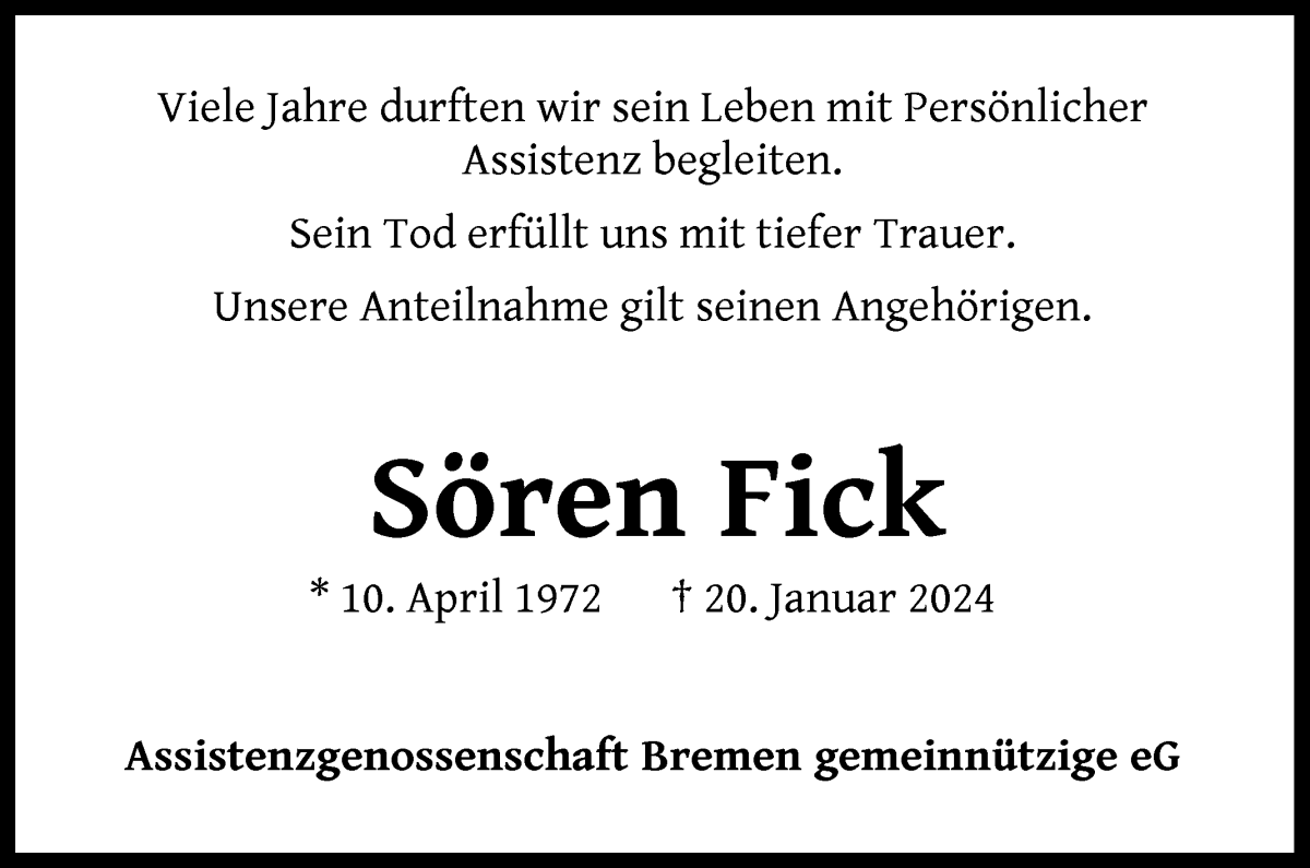  Traueranzeige für Sören Fick vom 03.02.2024 aus WESER-KURIER
