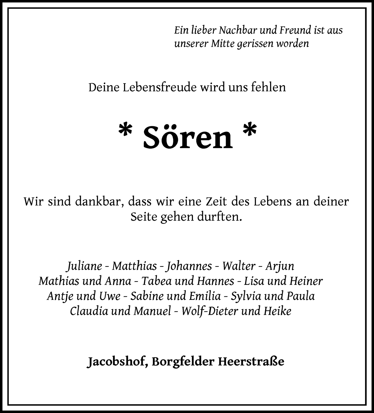  Traueranzeige für Sören Fick vom 03.02.2024 aus Wuemme Zeitung