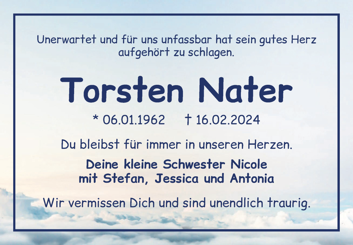 Traueranzeige von Torsten Nater von Die Norddeutsche