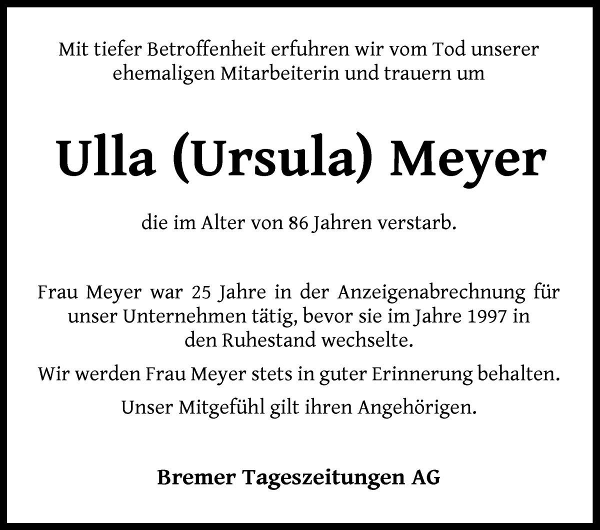  Traueranzeige für Ulla (Ursula) Meyer vom 24.02.2024 aus WESER-KURIER