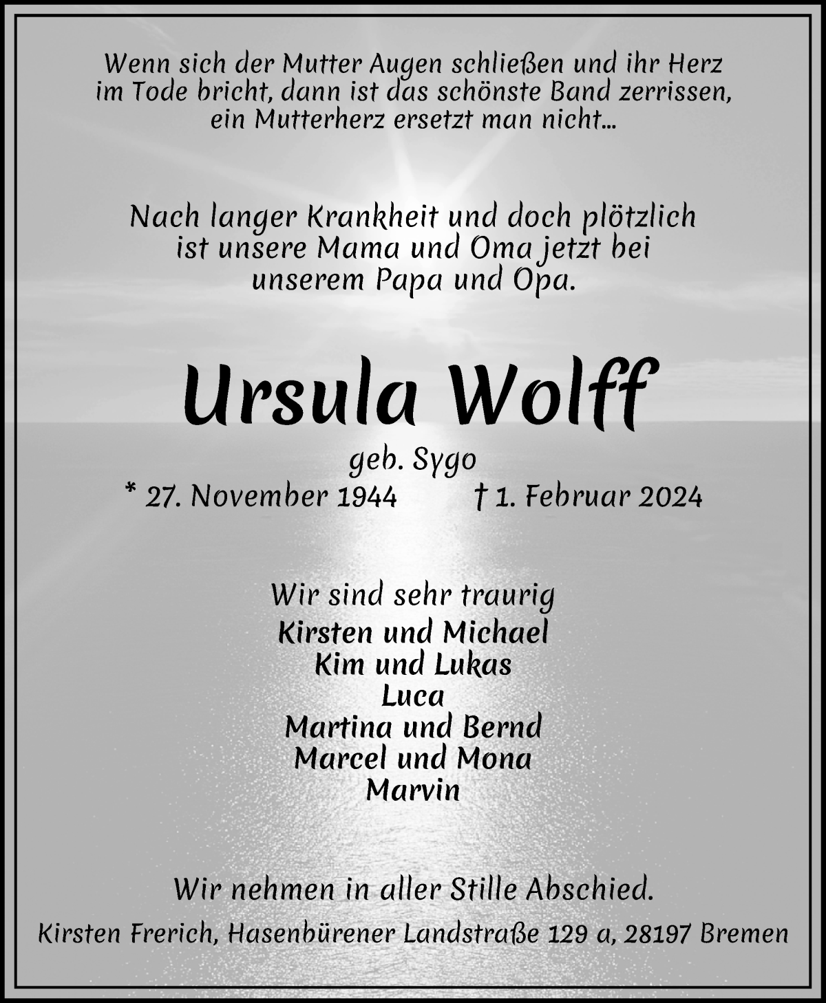  Traueranzeige für Ursula Wolff vom 10.02.2024 aus WESER-KURIER