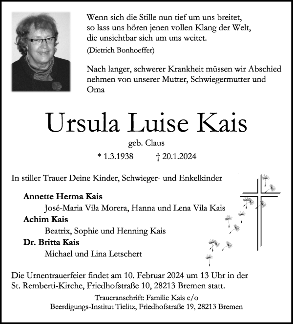 Traueranzeige von Ursula Luise Kais von WESER-KURIER