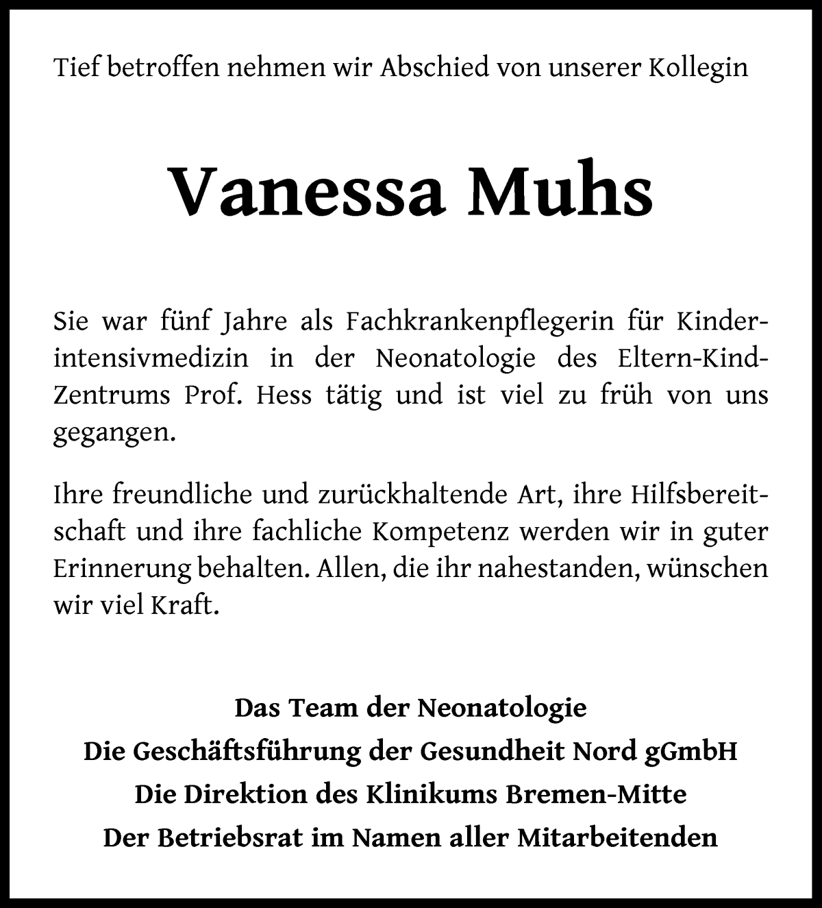  Traueranzeige für Vanessa Muhs vom 10.02.2024 aus WESER-KURIER