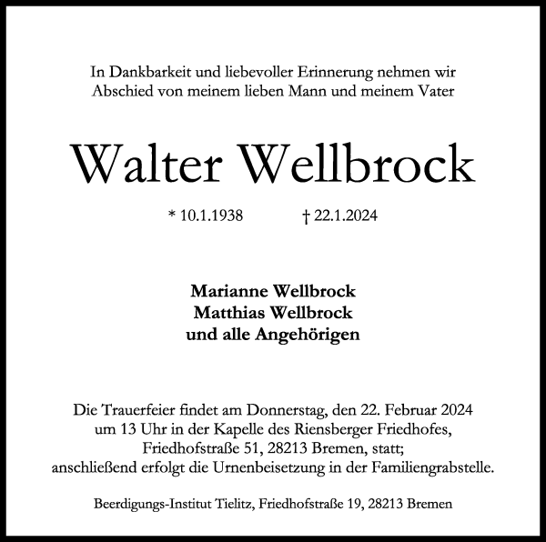 Traueranzeige von Walter Wellbrock von WESER-KURIER