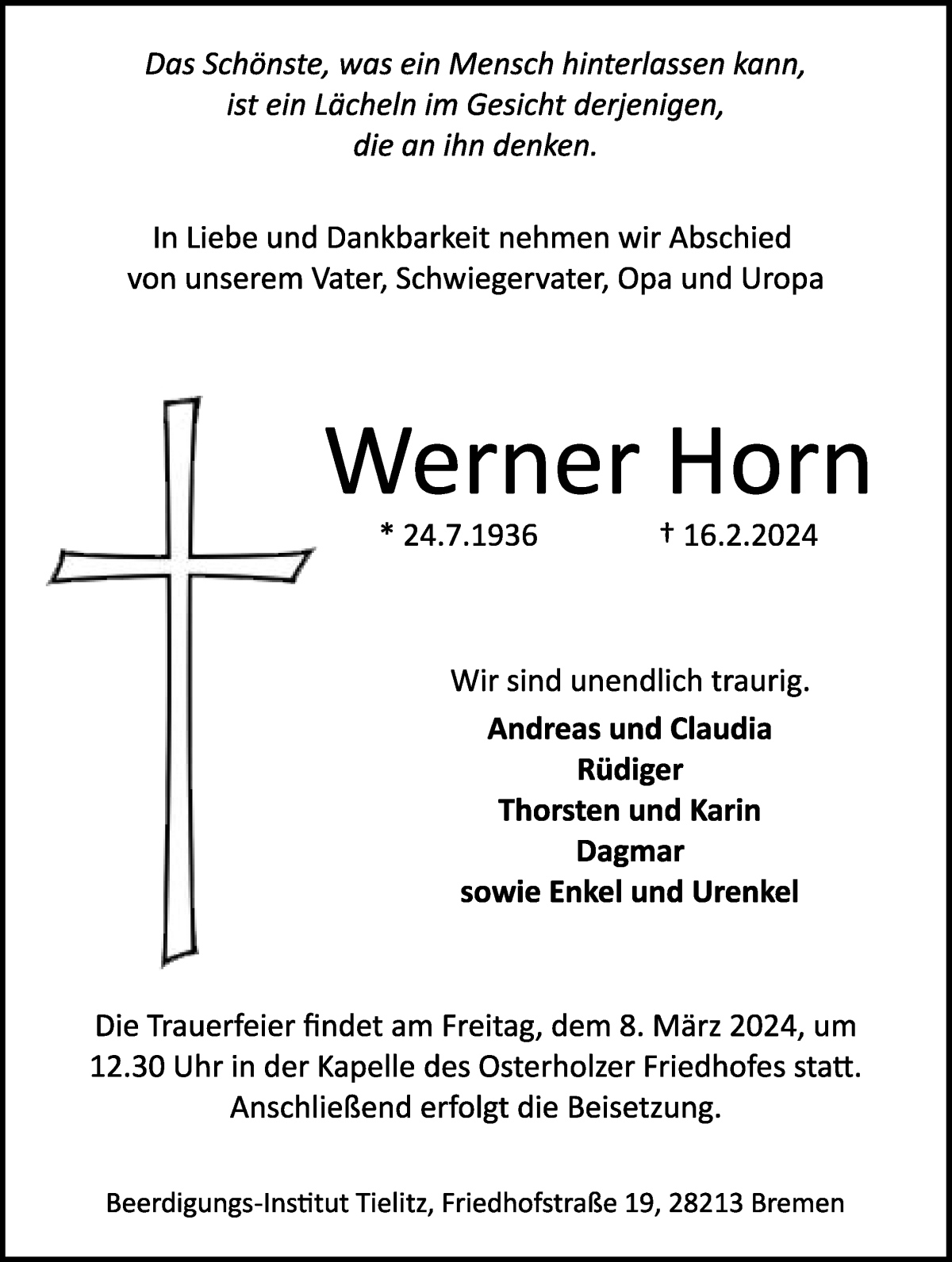 Traueranzeige von Werner Horn von WESER-KURIER