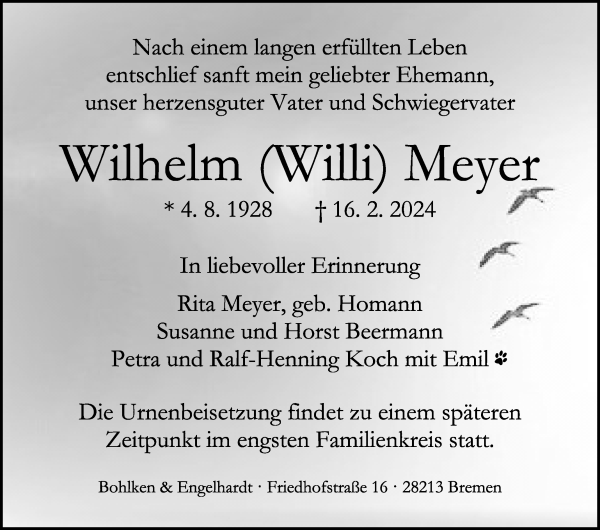 Traueranzeige von Wilhelm Meyer von WESER-KURIER