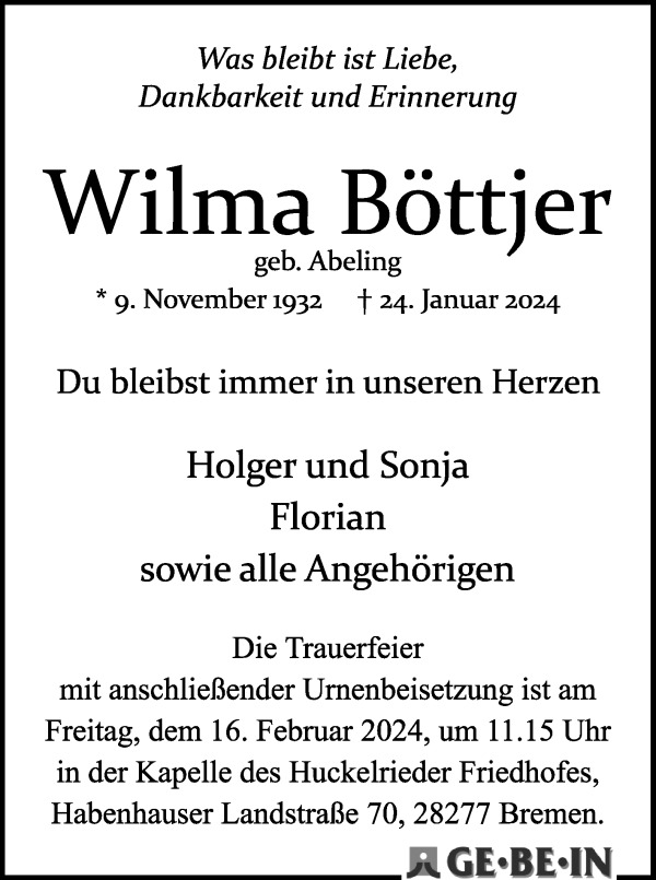 Traueranzeige von Wilma Böttjer von WESER-KURIER