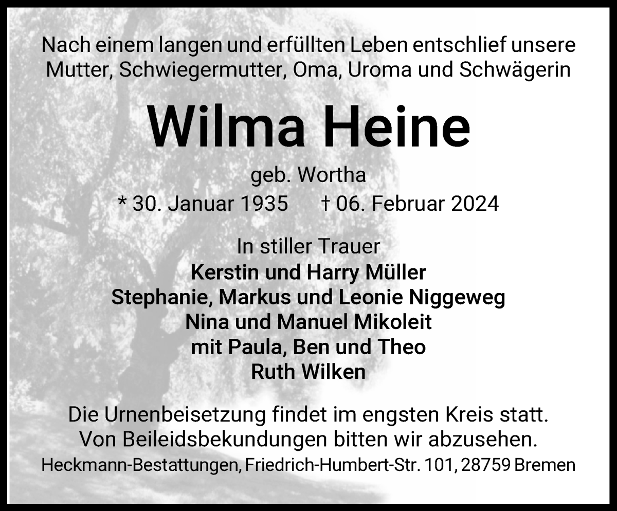  Traueranzeige für Wilma Heine vom 10.02.2024 aus Die Norddeutsche