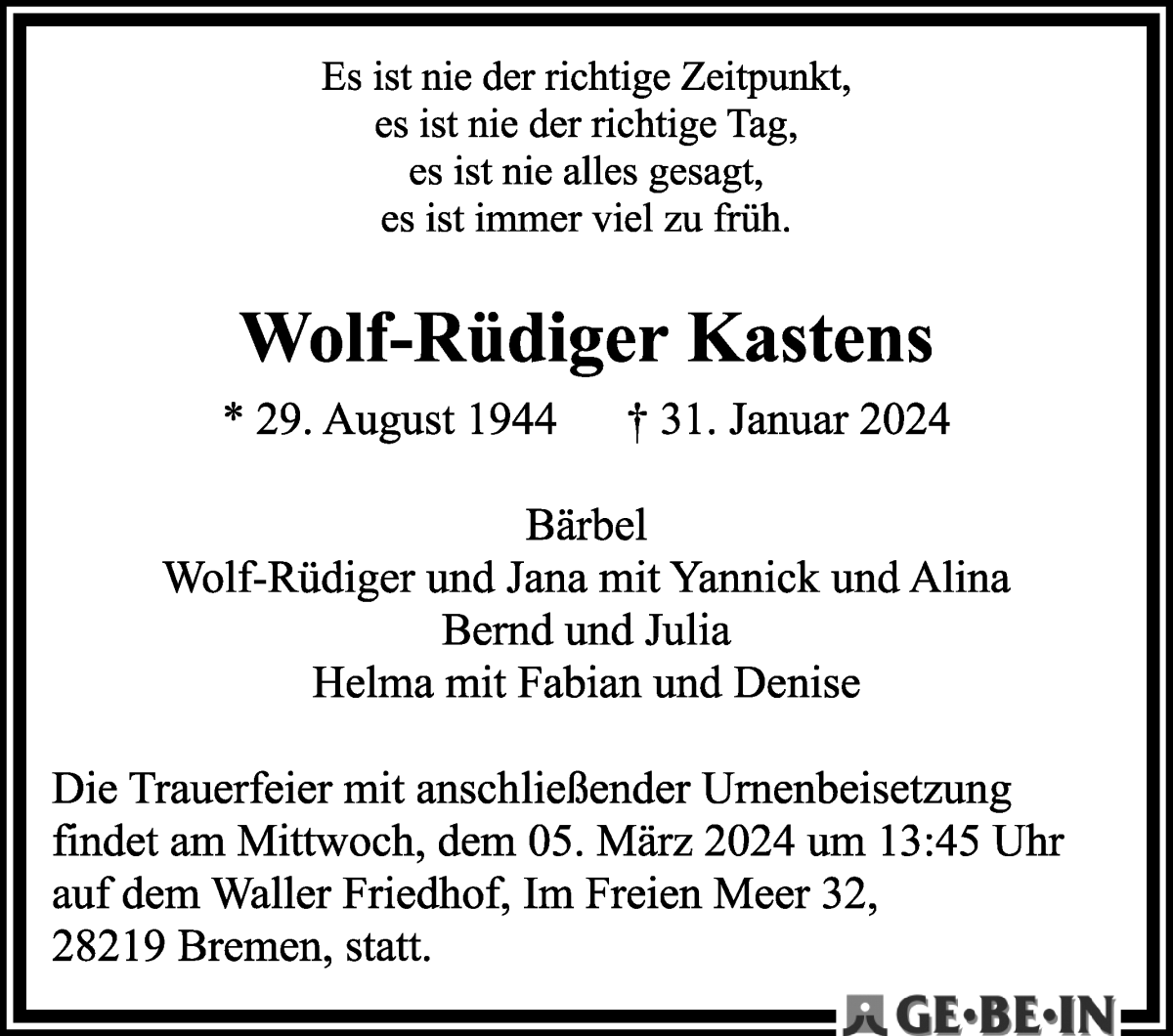 Traueranzeige von Wolf-Ruediger Kastens von WESER-KURIER
