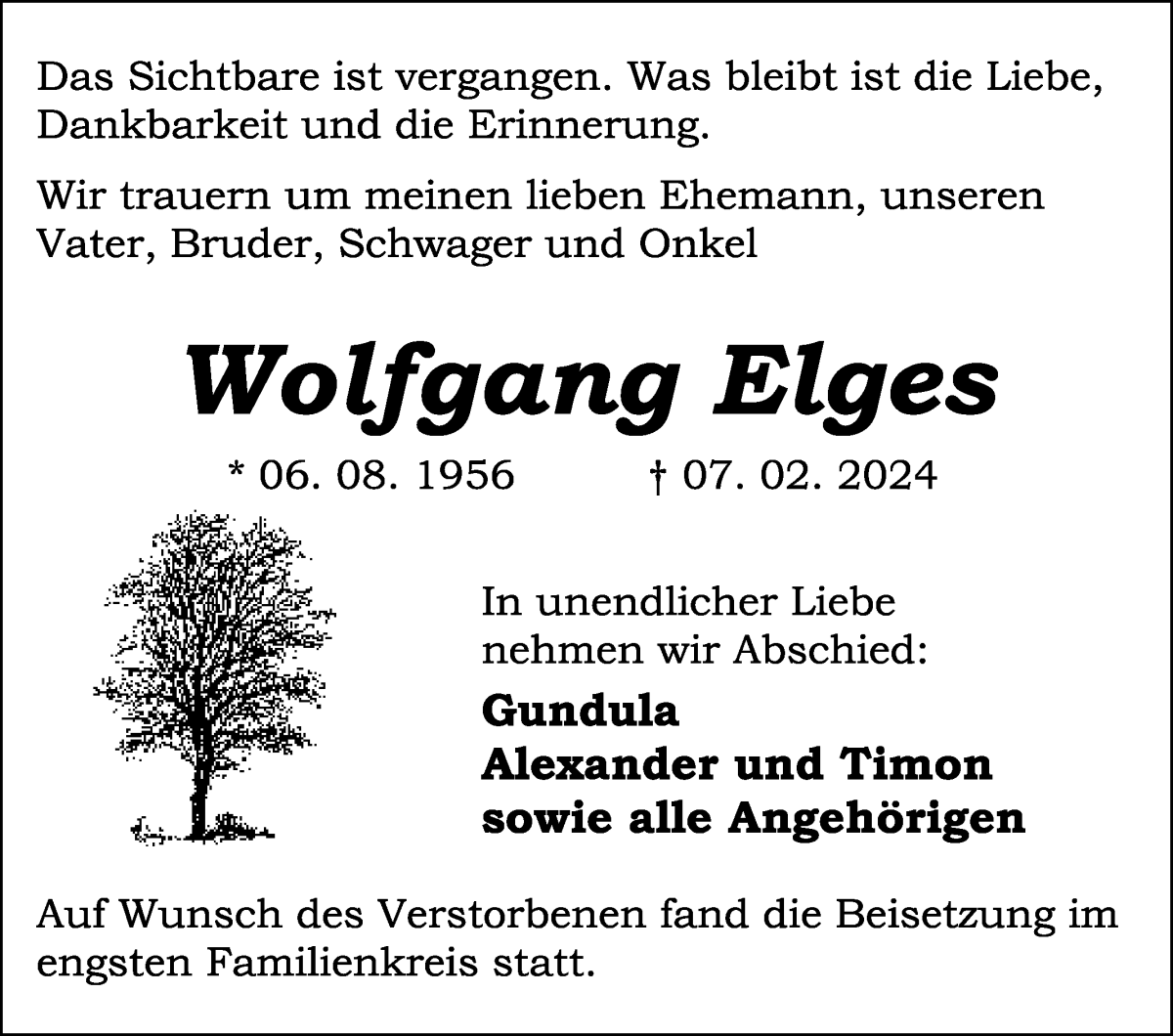 Traueranzeige von Wolfgang Elges von WESER-KURIER