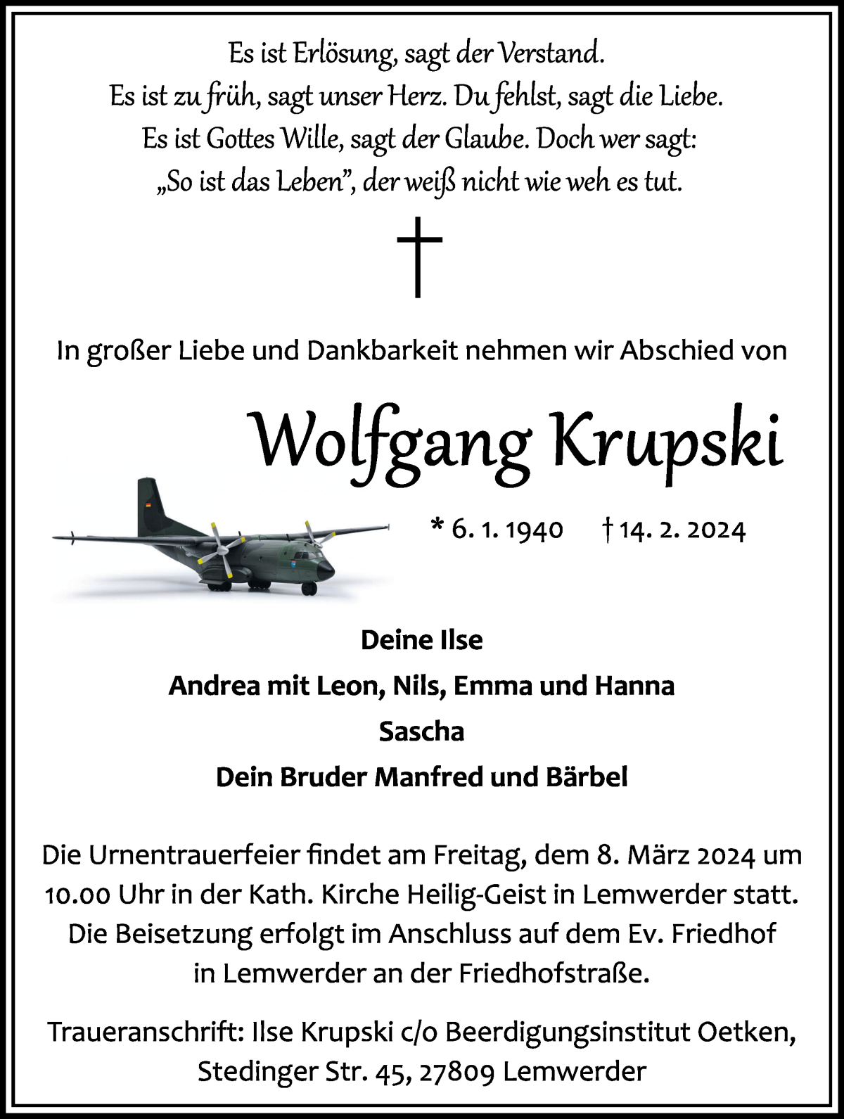  Traueranzeige für Wolfgang Krupski vom 24.02.2024 aus Die Norddeutsche