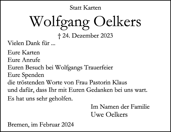 Traueranzeige von Wolfgang Oelkers