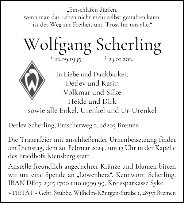 Traueranzeige von Wolfgang Scherling von WESER-KURIER