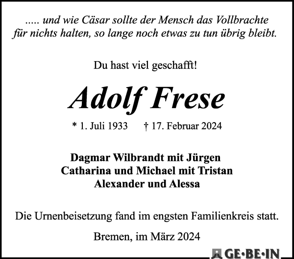 Traueranzeige von Adolf Frese von WESER-KURIER