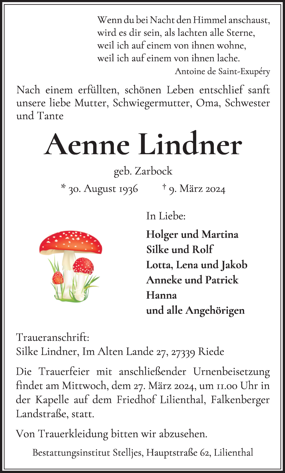 Traueranzeige von Aenne Lindner von Wuemme Zeitung
