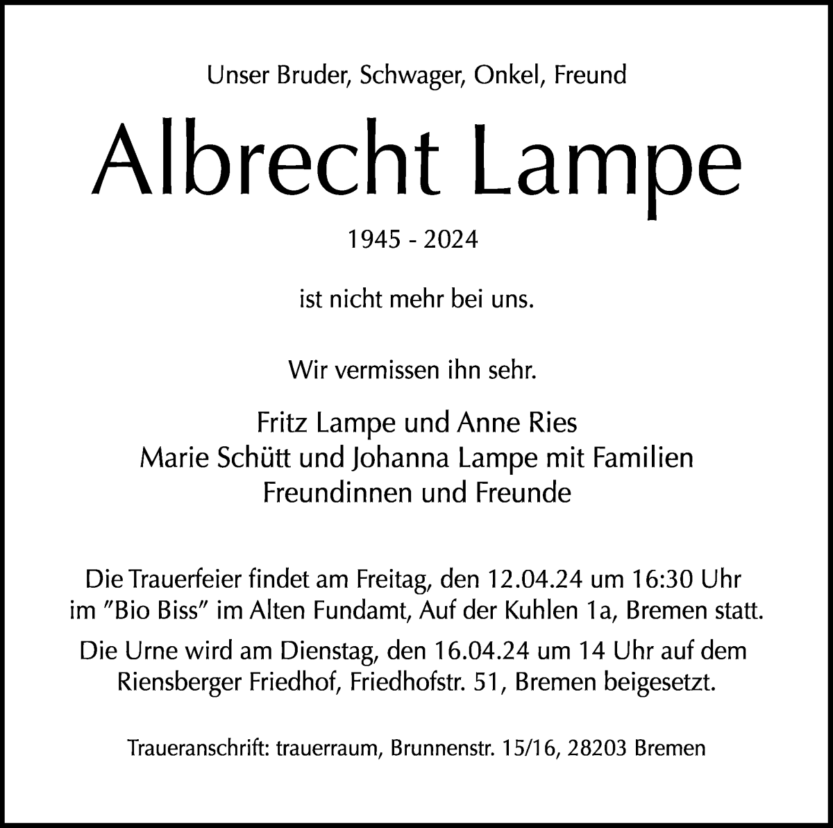  Traueranzeige für Albrecht Lampe vom 23.03.2024 aus WESER-KURIER