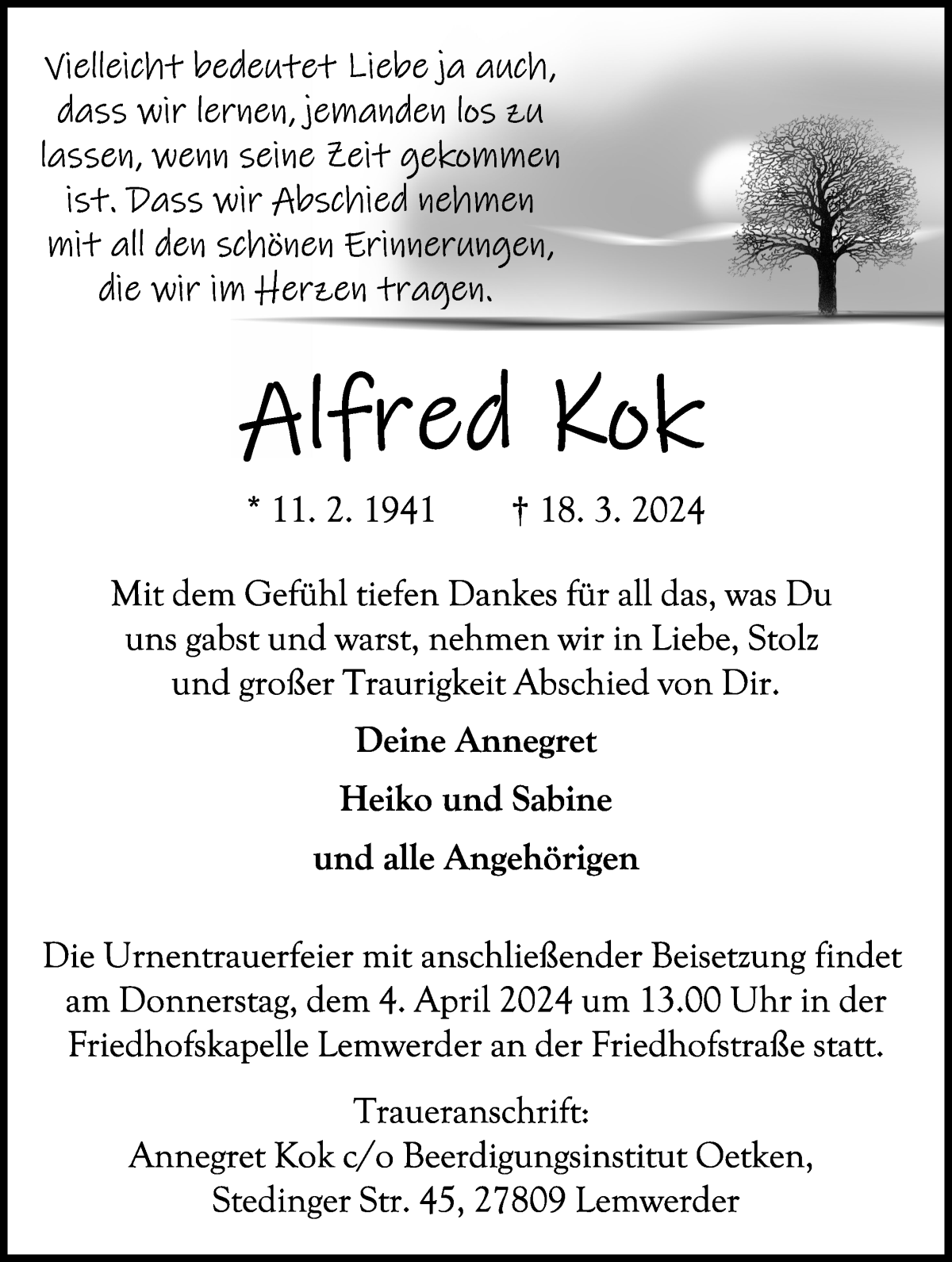  Traueranzeige für Alfred Kok vom 23.03.2024 aus Die Norddeutsche