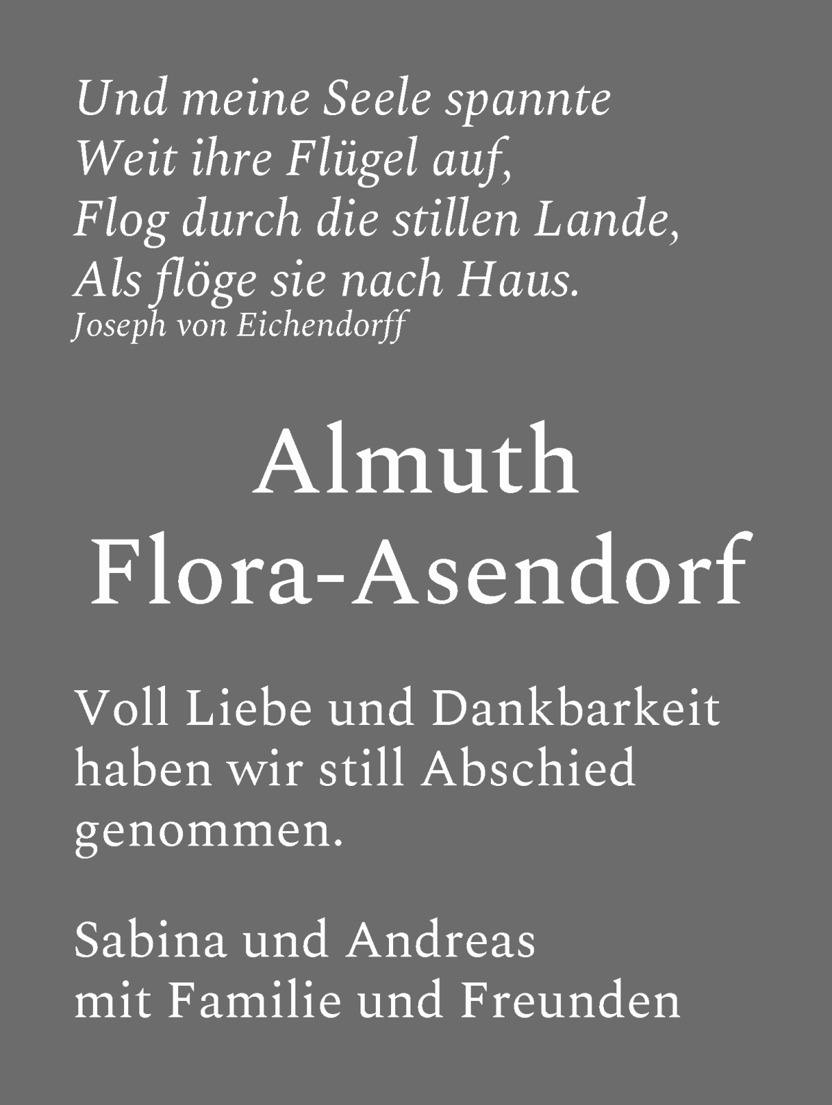 Traueranzeige von Almuth Flora-Asendorf von WESER-KURIER