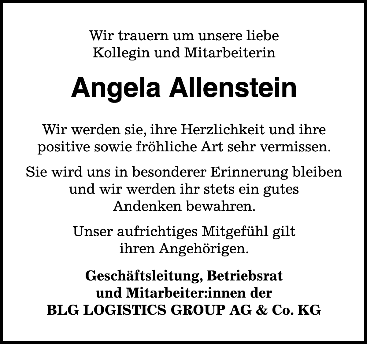  Traueranzeige für Angela Allenstein vom 30.03.2024 aus WESER-KURIER