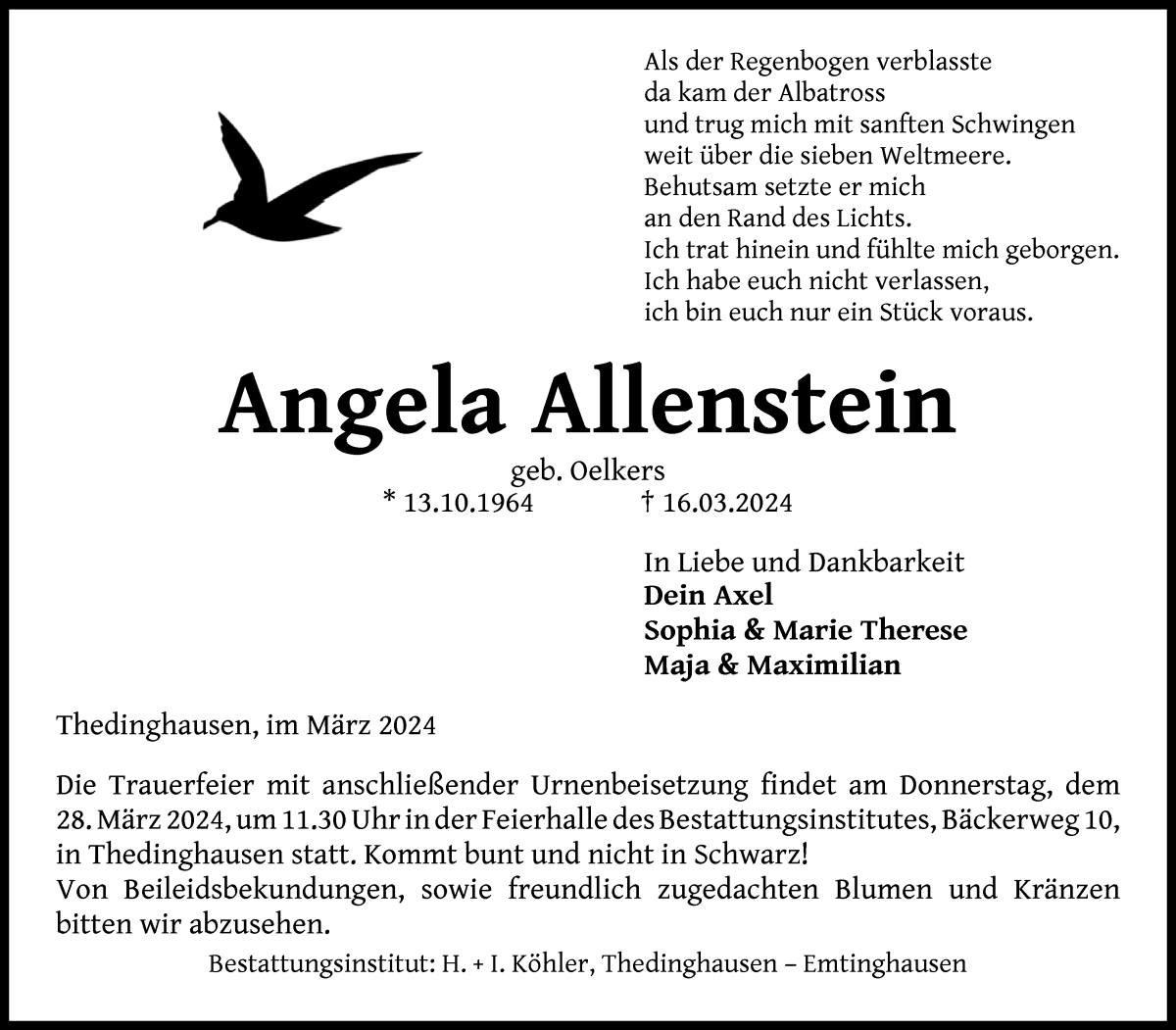  Traueranzeige für Angela Allenstein vom 23.03.2024 aus WESER-KURIER