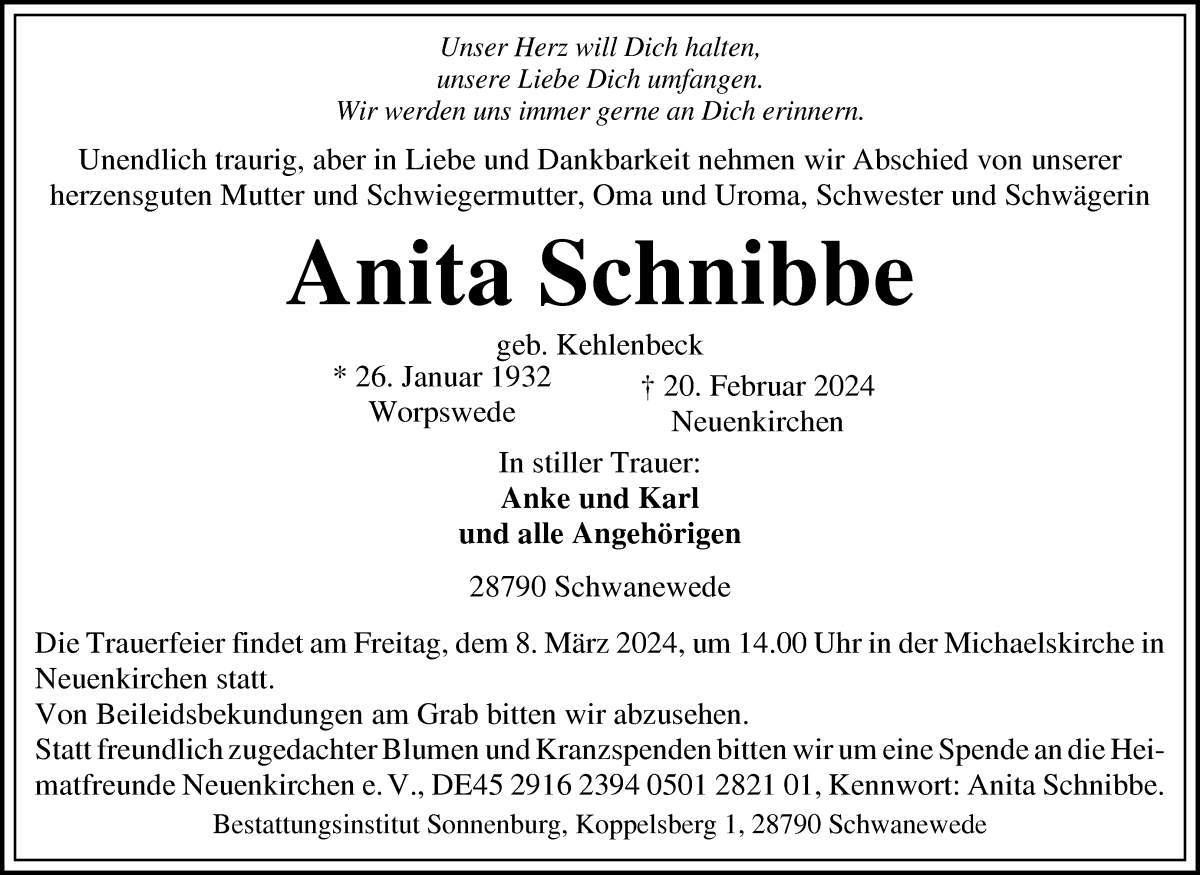 Traueranzeige von Anita Schnibbe von Die Norddeutsche